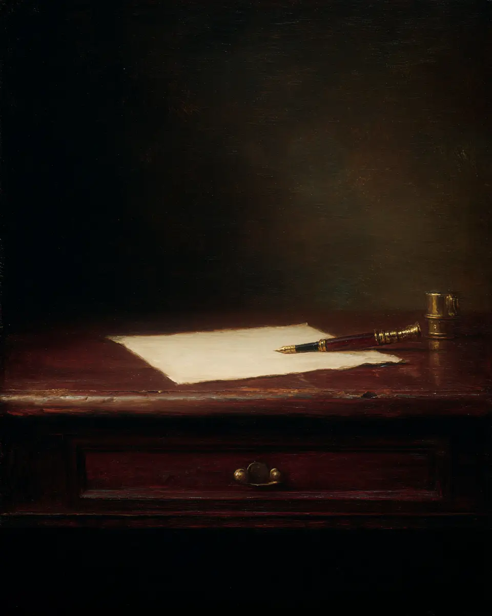 A blank sheet of paper and a fountain pen on a dark red writing desk, lit by a single light