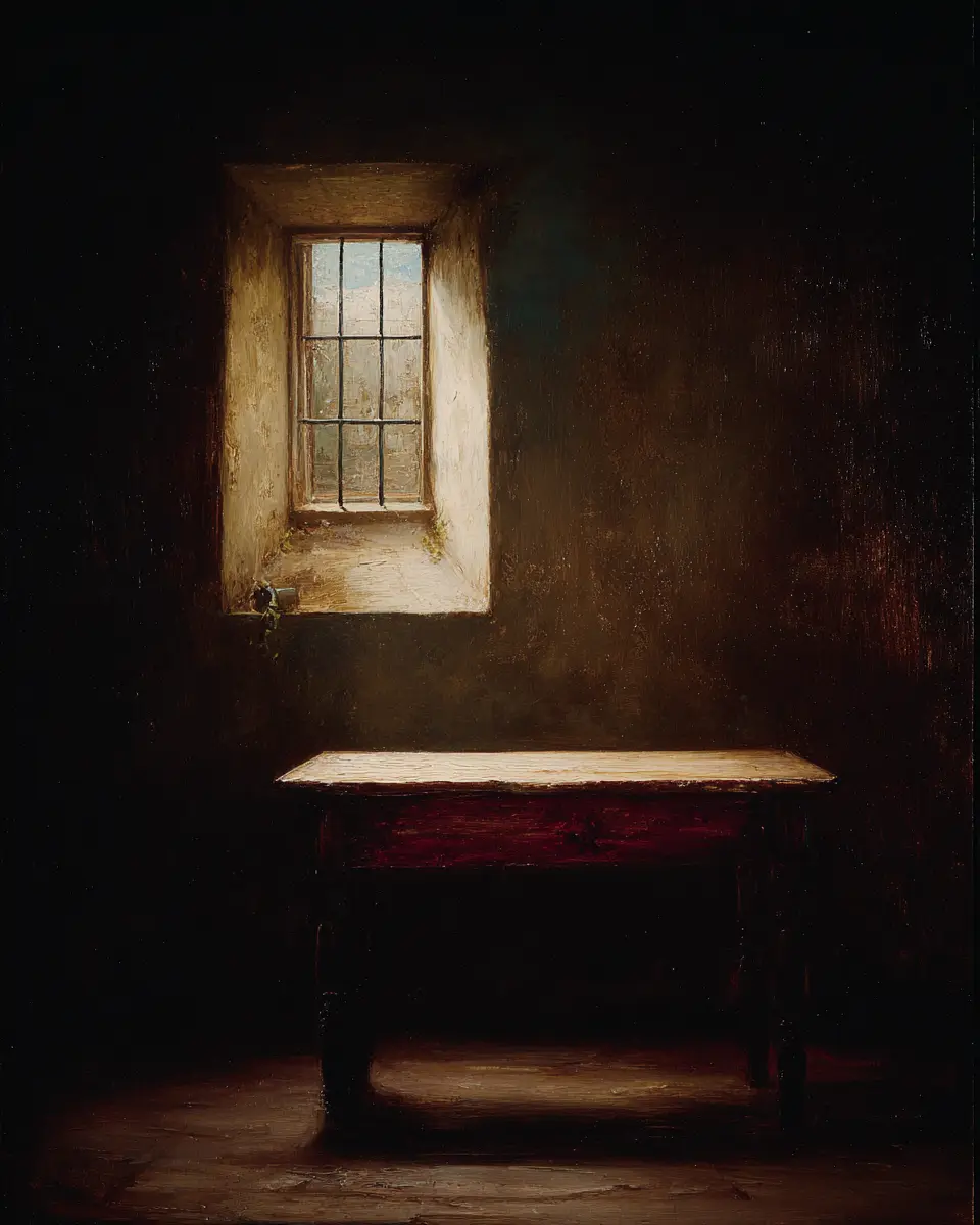 Daylight falling through a small grilled window onto a bare wooden table in a dark room