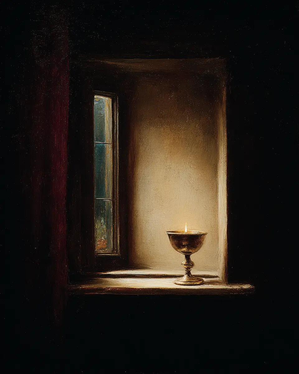 A single oil lamp glowing on a stone windowsill beside a narrow window at dusk