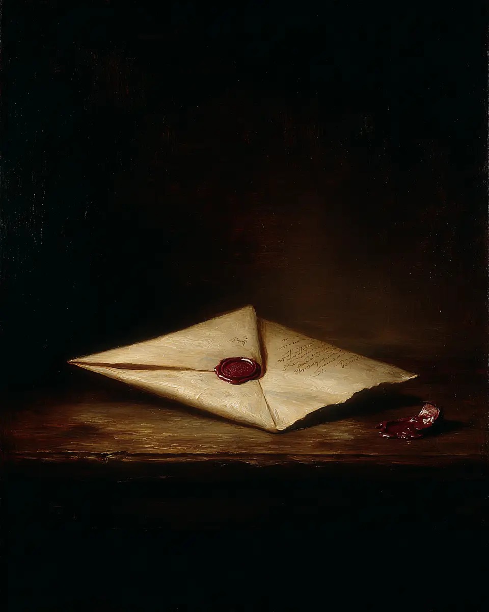 A folded letter closed with a red wax seal resting on a dark wooden table